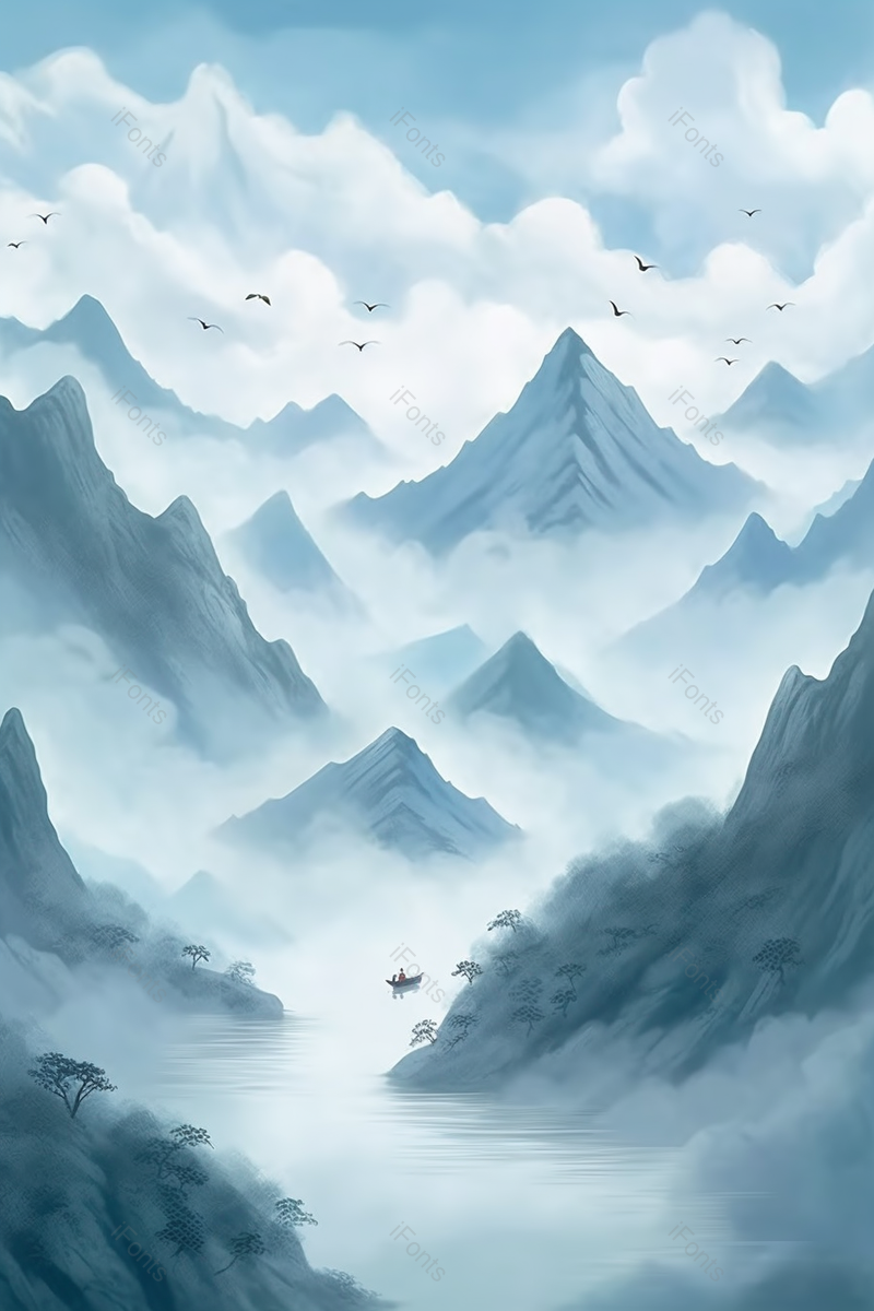 中国风蓝色山水国画云端奇,插画/手绘图,插画/手绘图库,插画/手绘图下载,插画/手绘